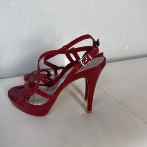 Red patent leather sling back open toe heels